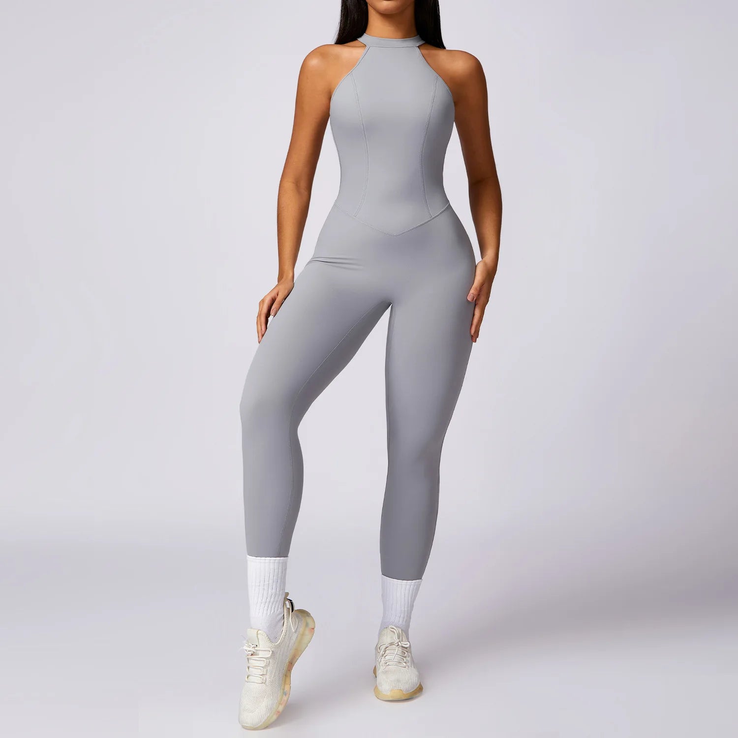 Women's Halter Neck Nylon Blend Workout Jumpsuit with Low V Back