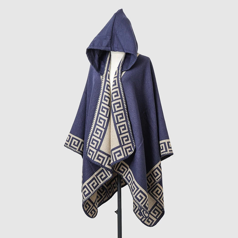 Hooded Geometric Border Poncho for Layering over Outfits