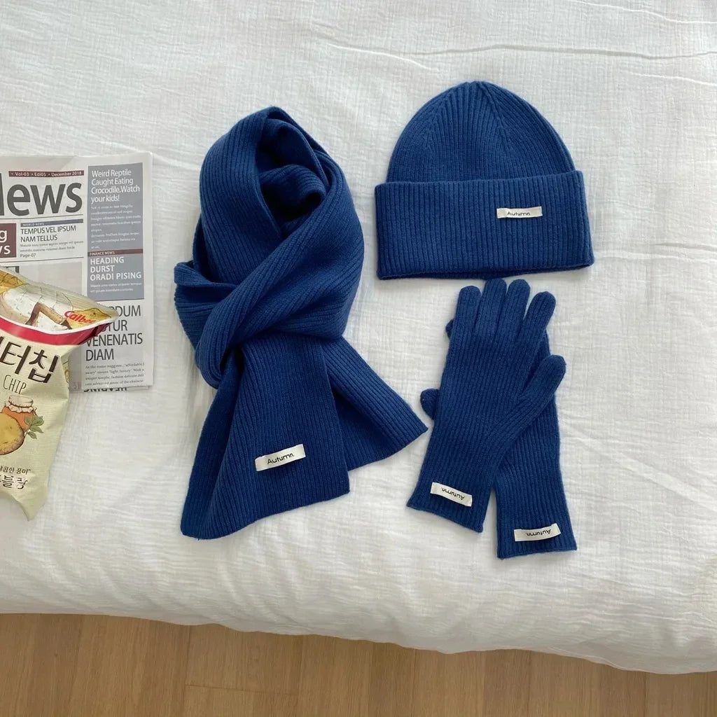 Women's Solid Knitted Hat Scarf and Gloves Set for Winter Wear