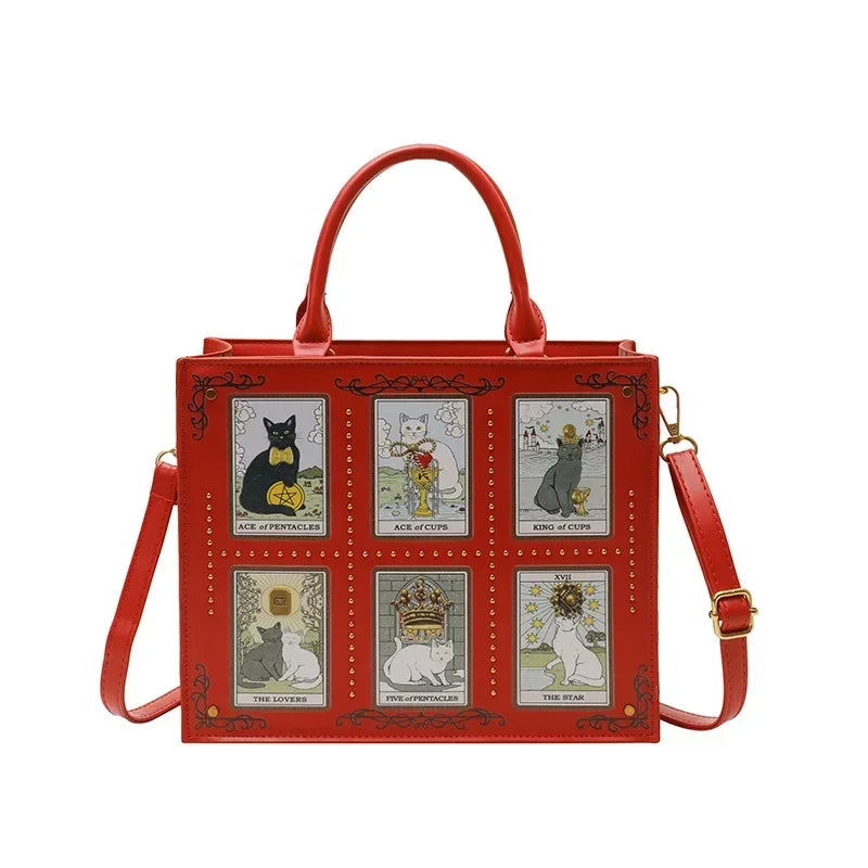 Women's Tarot Cat Print Tote Handbag with Handles and Crossbody Strap
