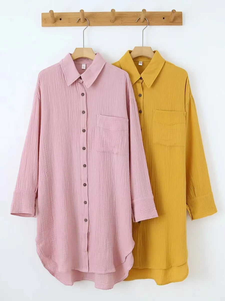 Women's Cotton Long-Sleeve Collared Loose A-Line Mini Shirt Dress with Front Buttons