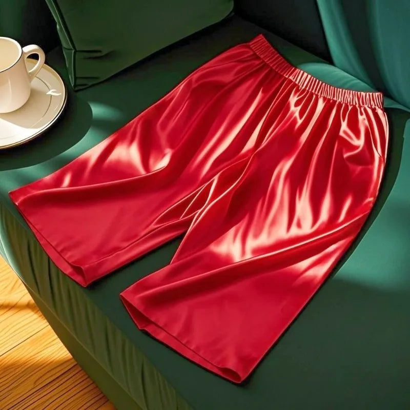 Men's Glossy Solid Elastic Waist Lounge Sleep Shorts