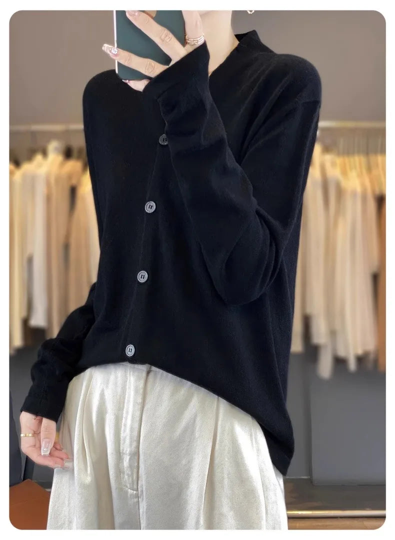 Light luxury retro style! V-neck pure cashmere knit cardigan women's autumn and winter loose wool top bottom sweater coat