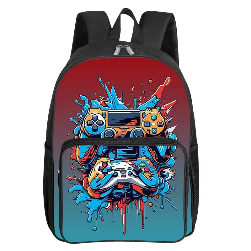 Children's Gamepad Print Backpack with Front Pocket and Twin Shoulder Straps