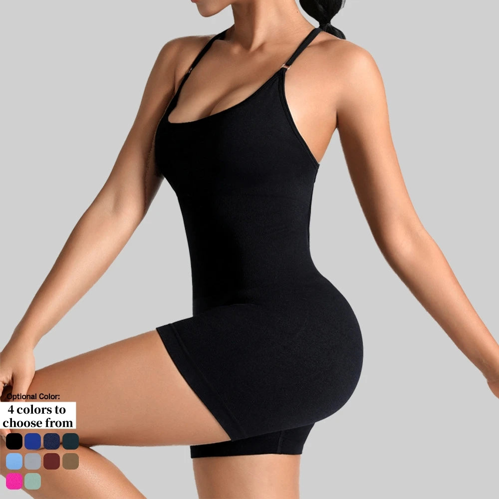 Women's Lace Up Cross Back Nylon Blend Workout Romper with Thin Straps