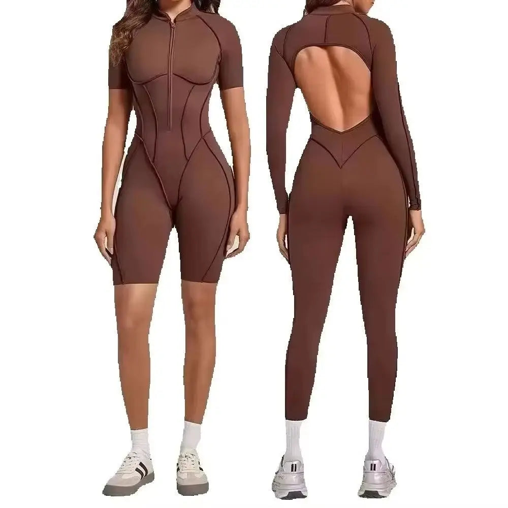 Women's Zip Front Contour Seam Workout One Piece in Long and Short Styles