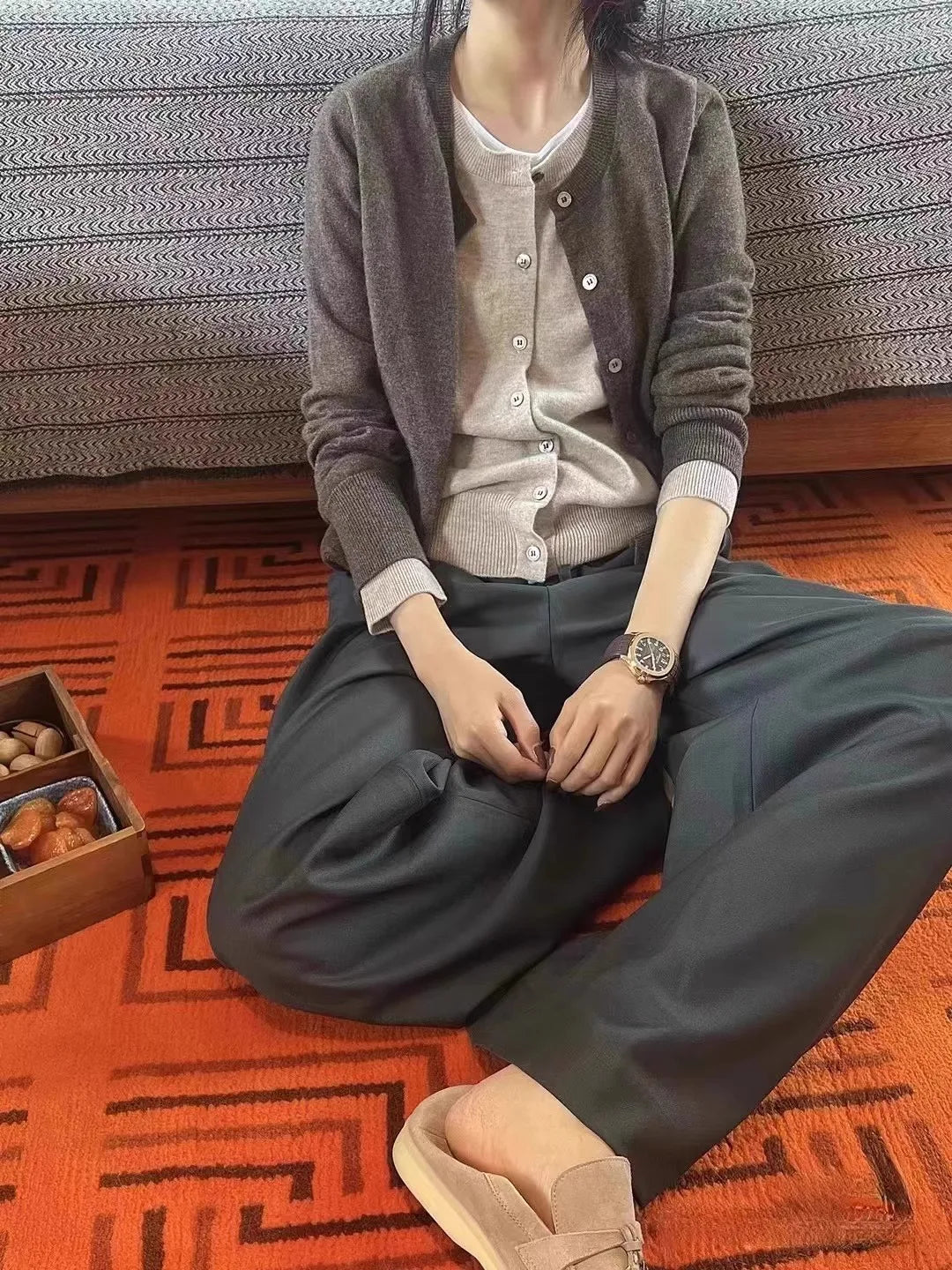 Fake two 100% pure cashmere sweater cardigan dark grey high-grade wool knit coat top