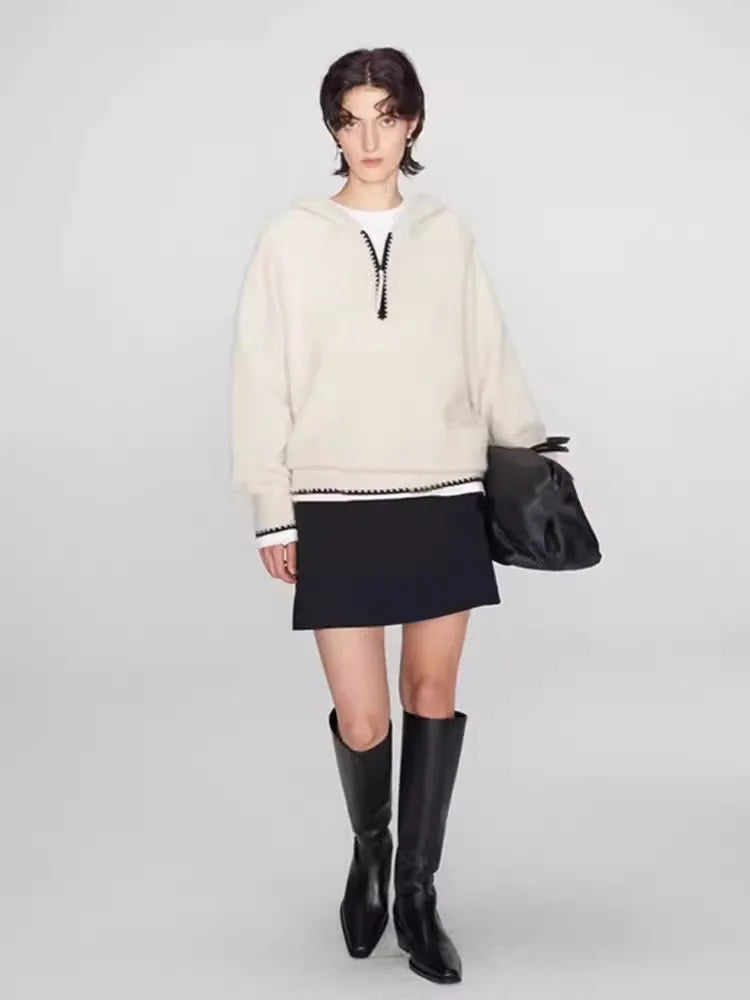 High-end half-zipper hooded 100% cashmere knitted sweater women loose and thick sweater base hoodie top