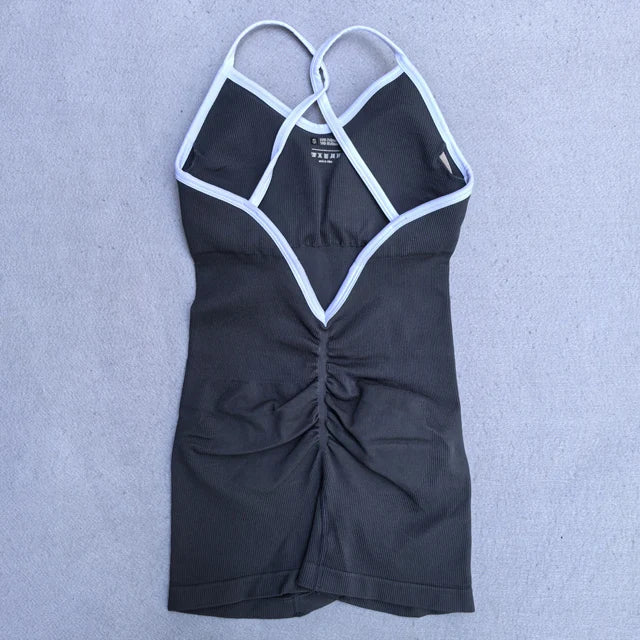 Women's Contrast Trim Nylon Blend Workout Romper with Thin Crossed Straps