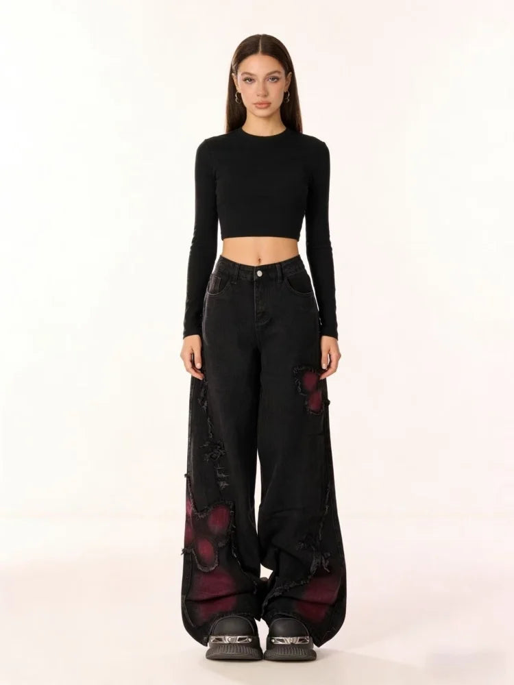 Women's Black Butterfly Graphic Wide Leg Denim Jeans