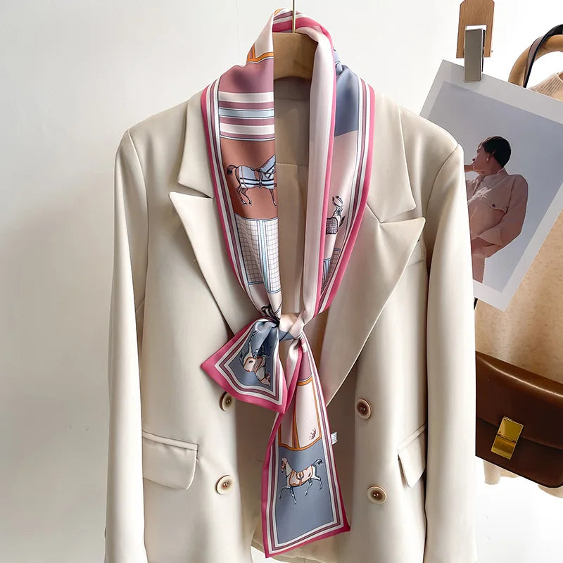 Printed Long Narrow Scarf with Decorative Ribbon Shape