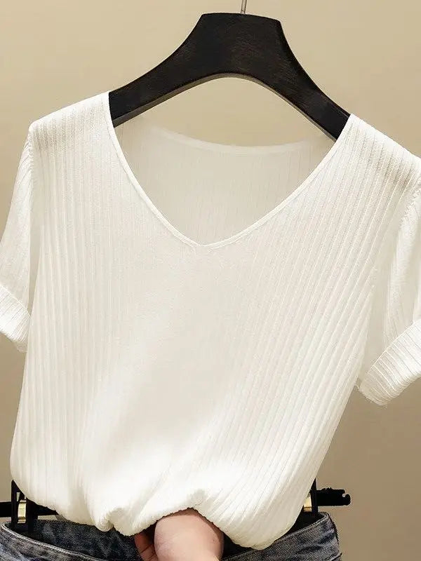 Women's V Neck Short Sleeve Sweater Casual Knit Layer