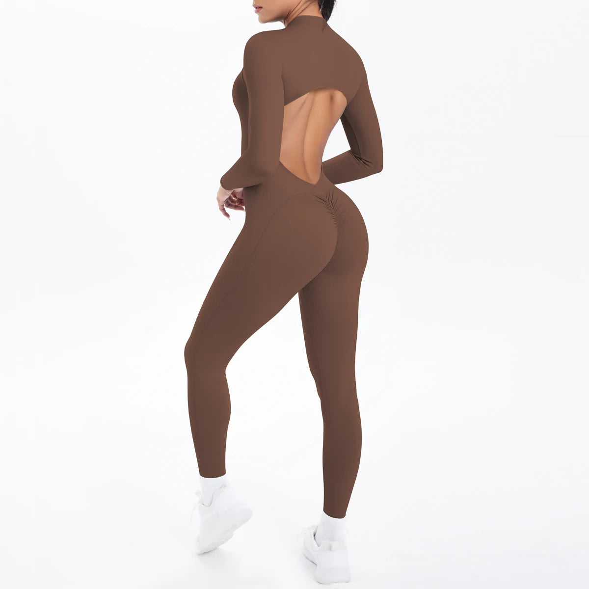 Women's Open Back Nylon Blend Workout Jumpsuit with Zipper and Sleeve Options