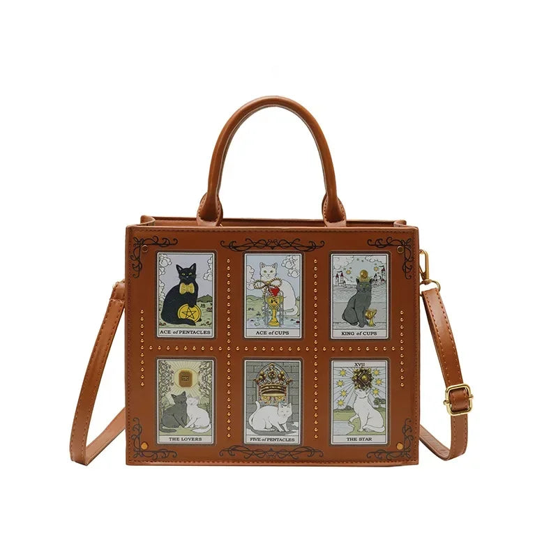 Women's Tarot Cat Print Tote Handbag with Handles and Crossbody Strap