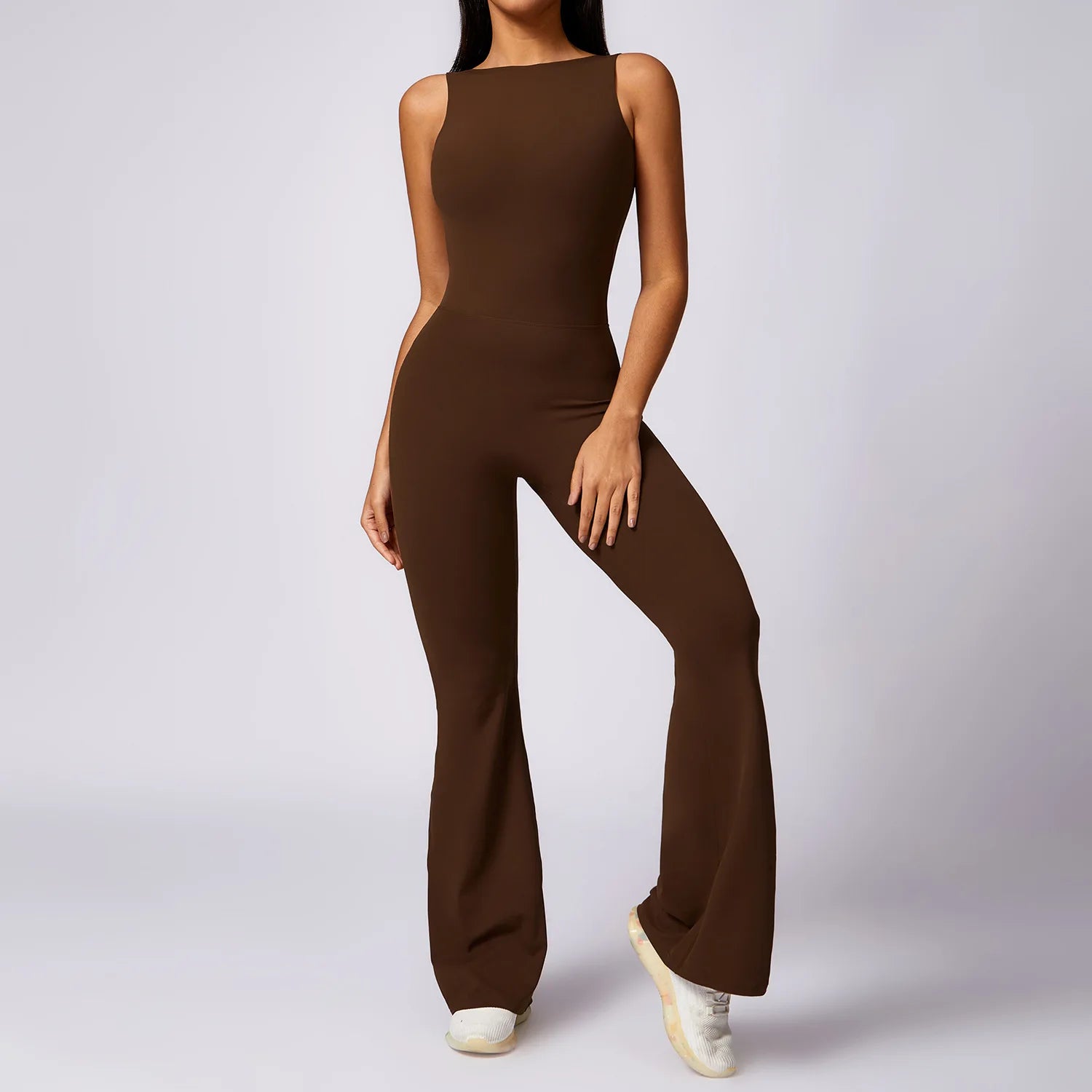 Women's High Neck Nylon Blend Flared Workout Jumpsuit with Scoop Back