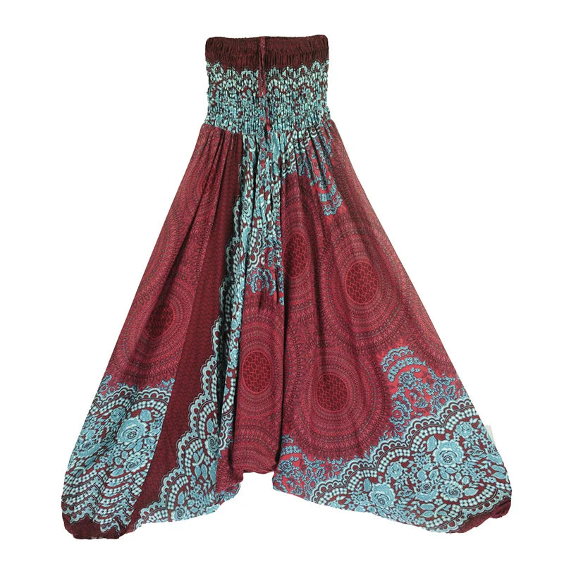 Women's Printed Rayon Harem Pants with Elastic Waist and Convertible Styling