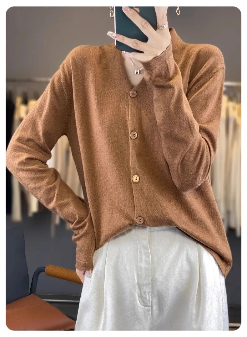 Light luxury retro style! V-neck pure cashmere knit cardigan women's autumn and winter loose wool top bottom sweater coat