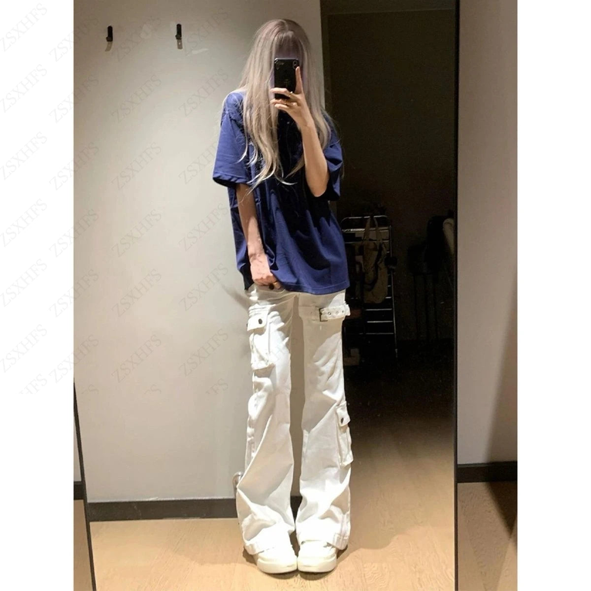 Women's Flared Cargo Pants with Side Pockets and Strap Details