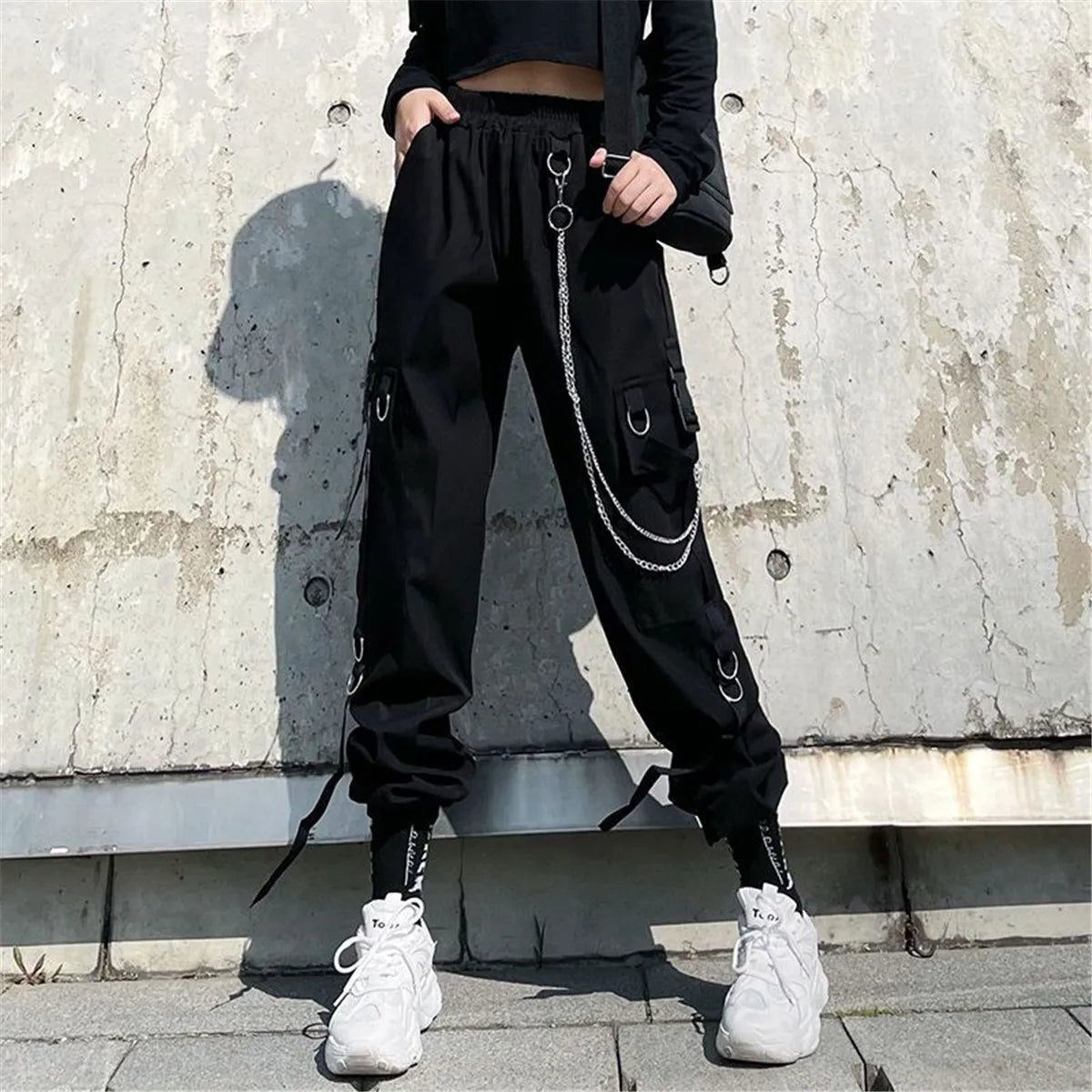 Women's Black Cargo Joggers with Chain Details and Multiple Pockets