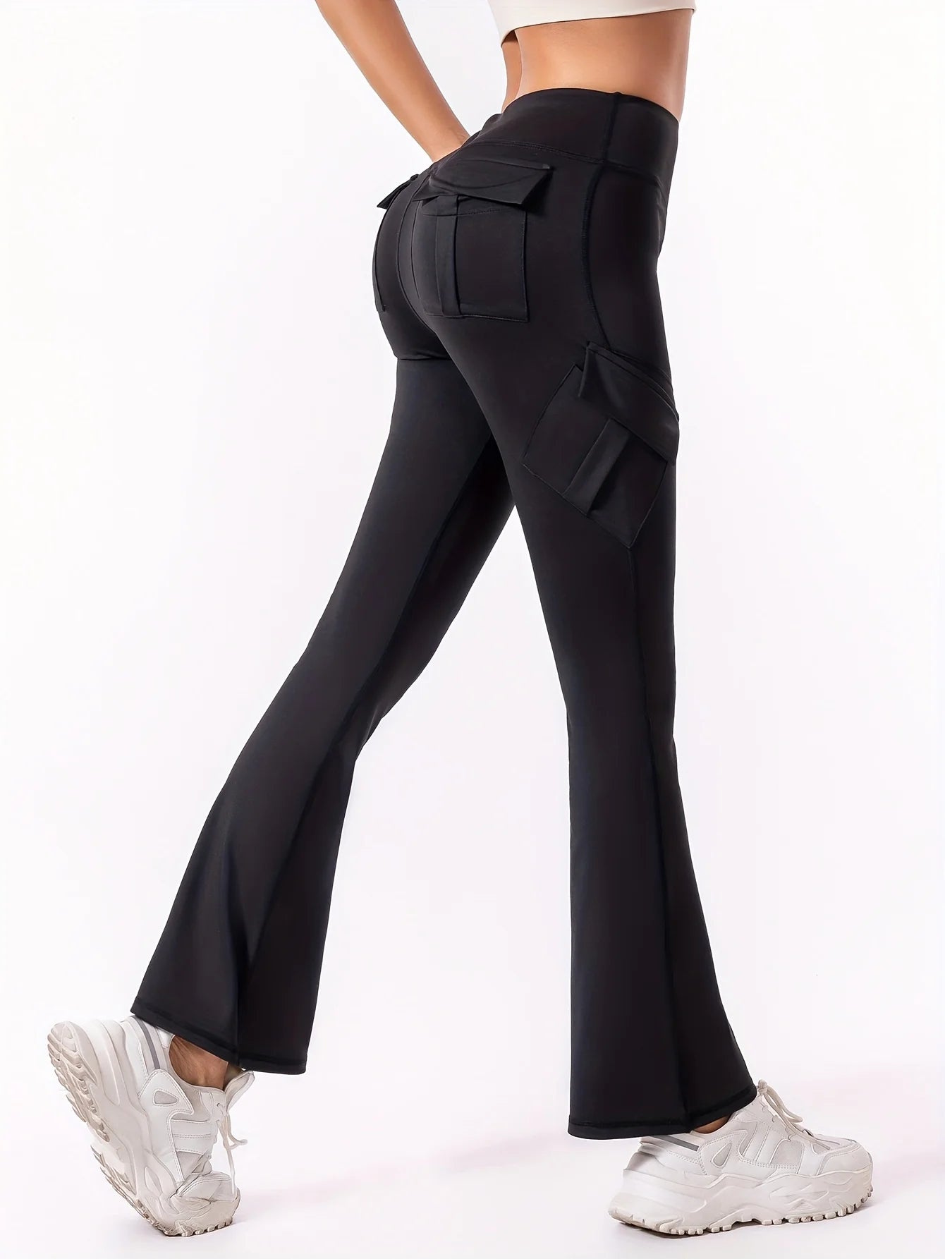 Women's Black Flared Pants with Back Pockets and Fitted Upper Legs