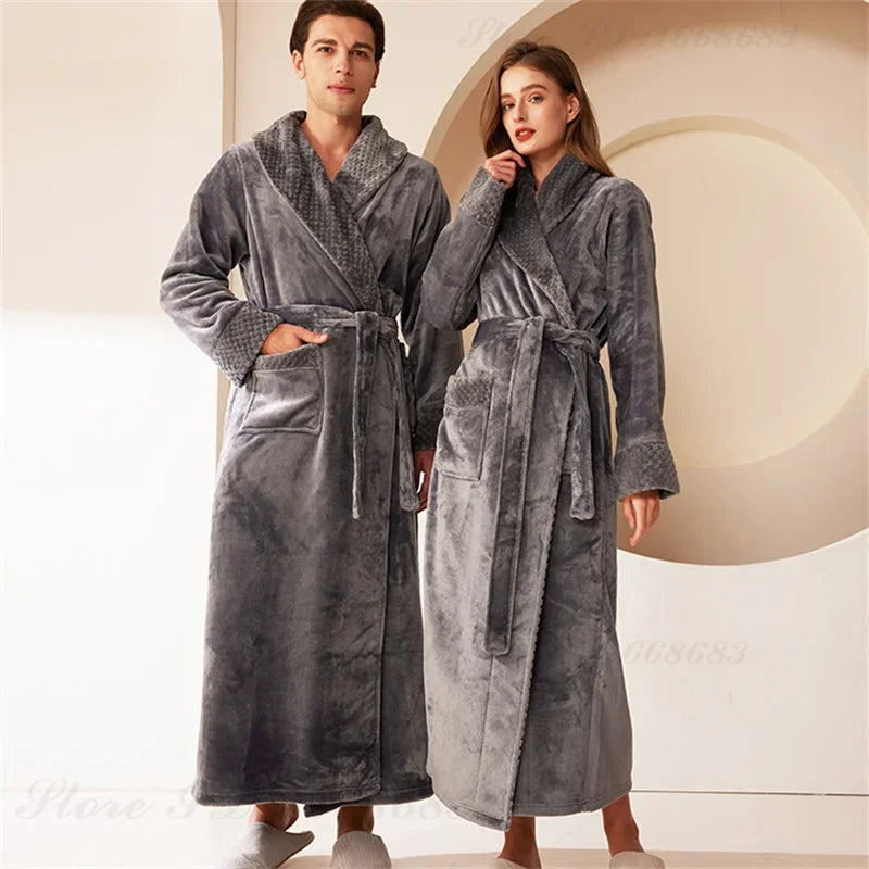 Long Flannel Fleece Tie Waist Bathrobe with Pockets