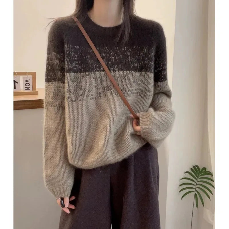 Crew-neck matching striped cashmere sweater women's long-sleeved autumn/winter loose wool base sweater