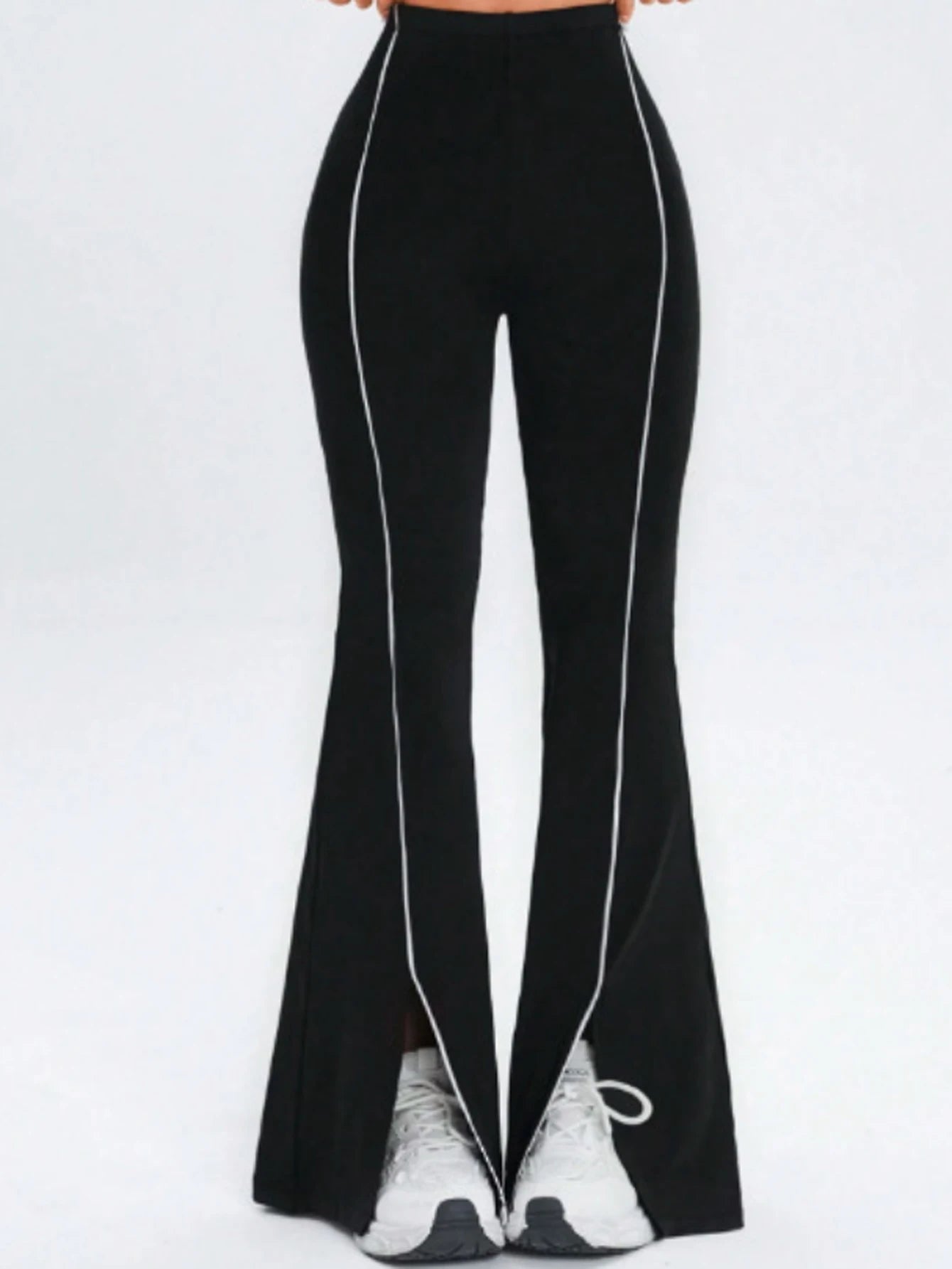 Women's High Waist Polyester Blend Flared Workout Pants with Contrast Piping