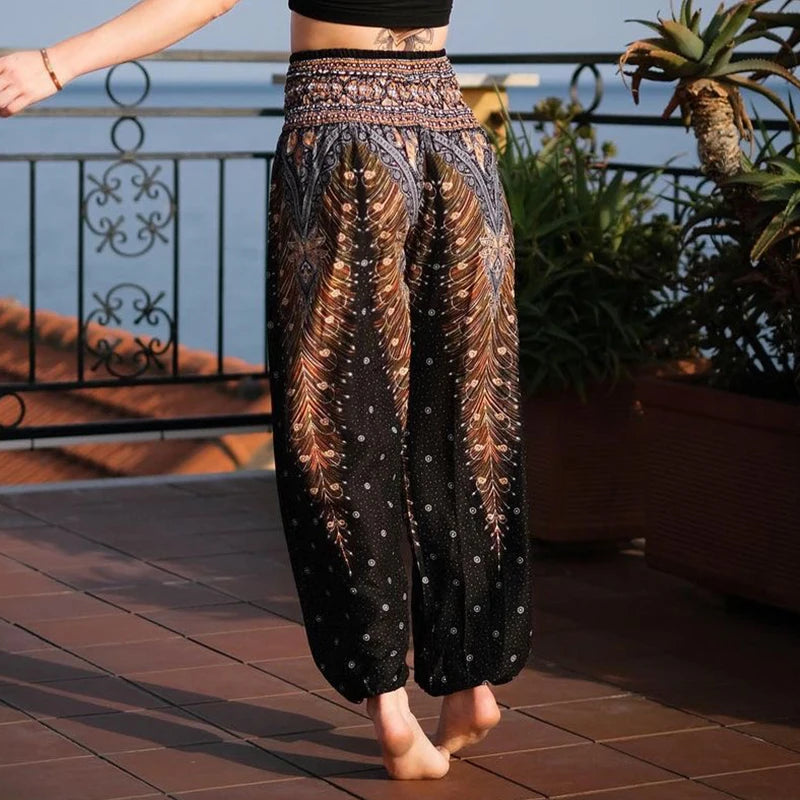 Women's Printed Rayon Harem Pants with High Waist and Gathered Ankles