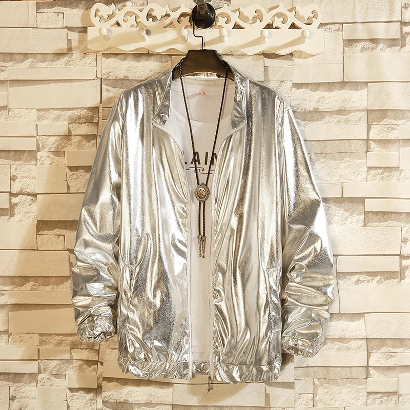 Metallic Finish Long Sleeve Front Zip Casual Bomber Jacket