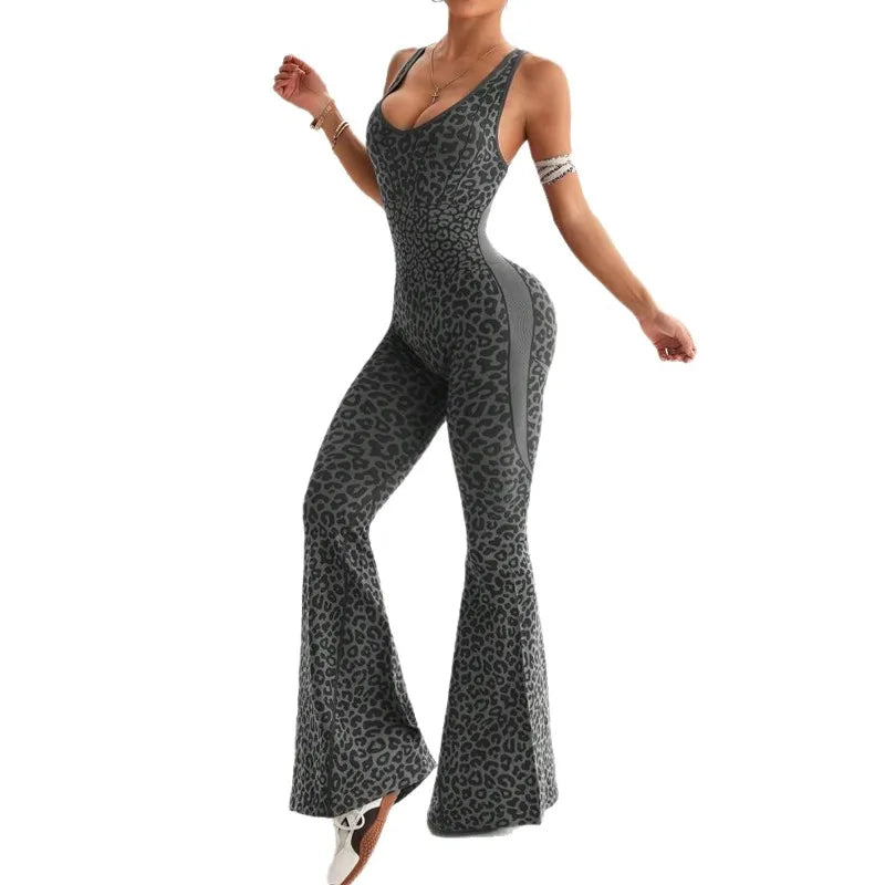 Women's Leopard Print Polyester Blend Flared Workout Jumpsuit with Cross Back