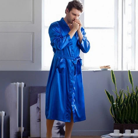 Men's Solid Satin Long Sleeve Tie Waist Bathrobe with Pockets