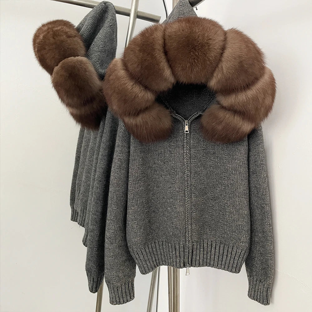 Women's Hooded Zip Front Fluffy Trim Jacket Casual Knit Layer