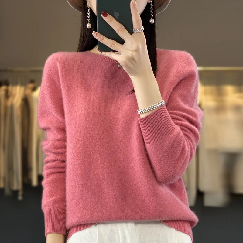 Women's Fluffy Round Neck Long Sleeve Sweater Casual Knit Layer