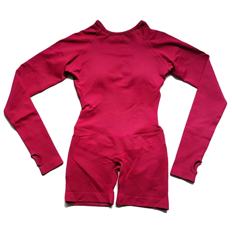 Women's Long Sleeve Nylon Blend Workout Romper with Large Back Cutout