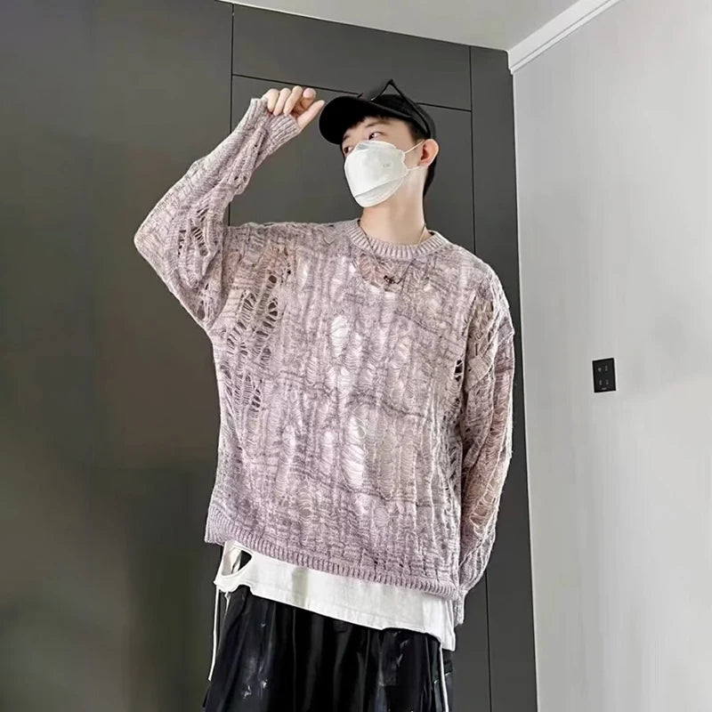 Men's Distressed Openwork Crew Neck Sweater
