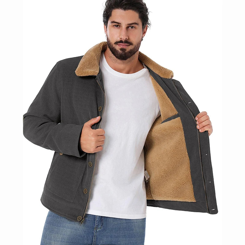 Men's Winter Corduroy Jacket Fleece Warm Lined Cargo Work Jacket Casual Thick Sherpa Collar Trucker Deck Navy Coats