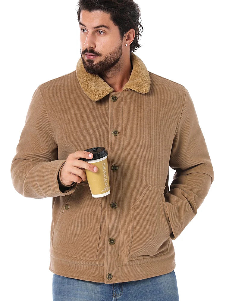 Men's Winter Corduroy Jacket Fleece Warm Lined Cargo Work Jacket Casual Thick Sherpa Collar Trucker Deck Navy Coats