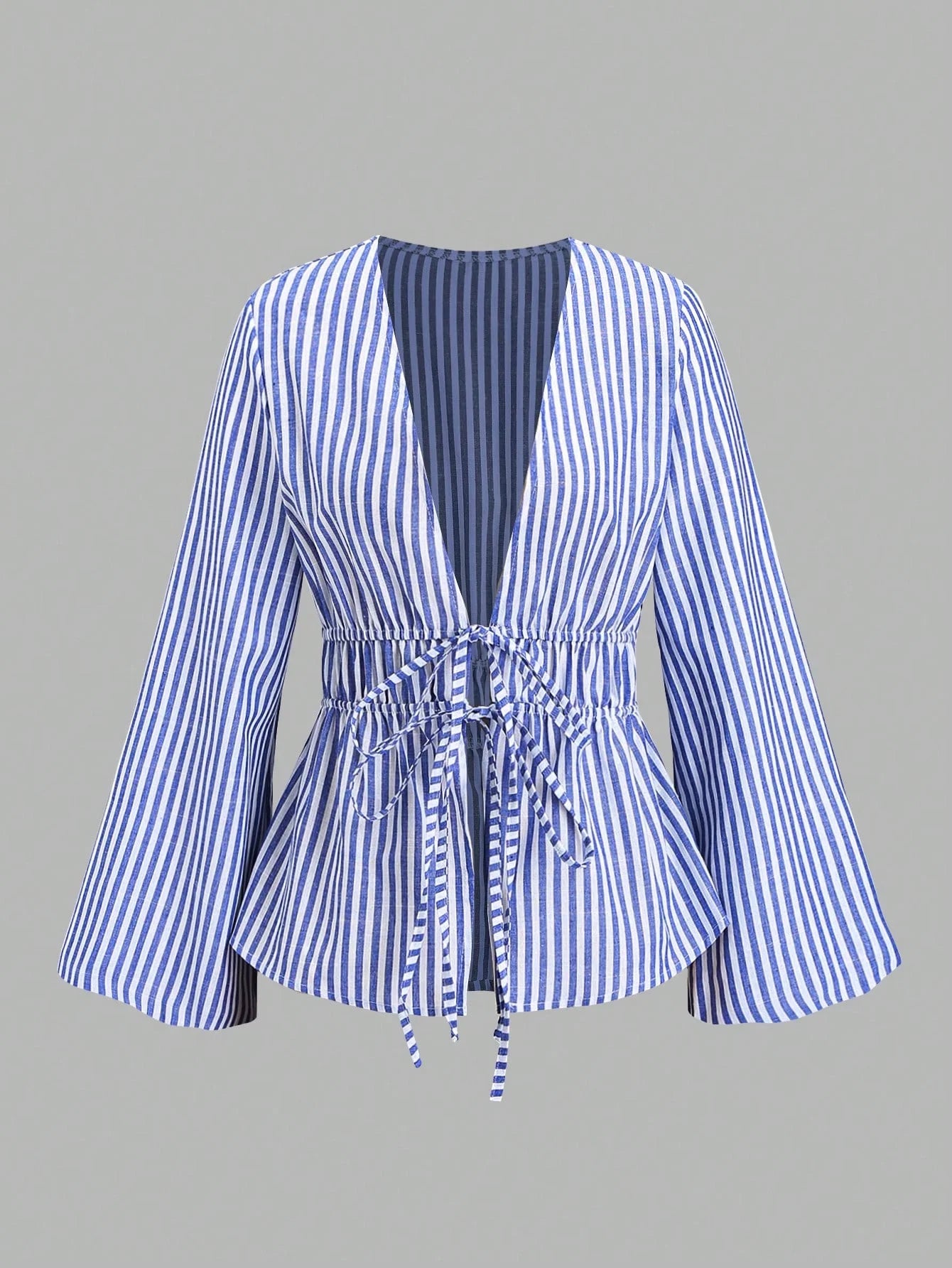Women's Striped Wrap Blouse with Back Tie and Wide Sleeves