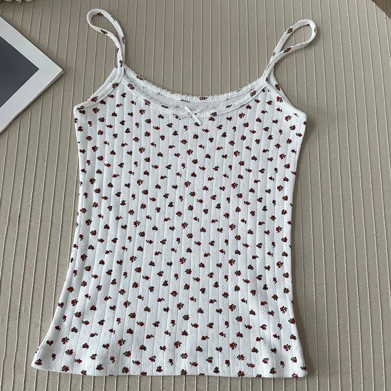 Women's Lace Trim Cotton Camisole with Bow Detail and Multiple Pattern Options