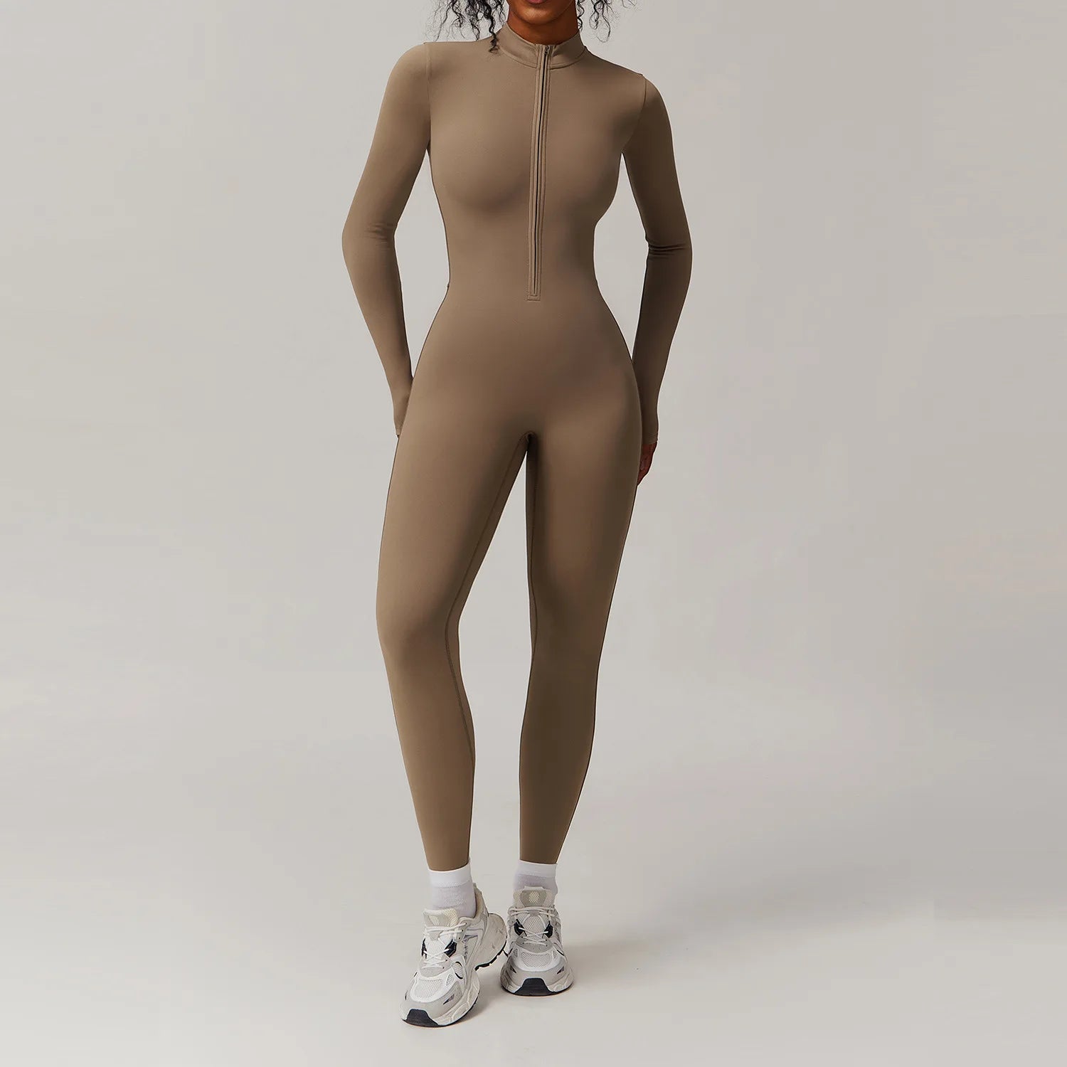 Women's Long Sleeve Nylon Blend Workout Jumpsuit with Front Zipper and Collar