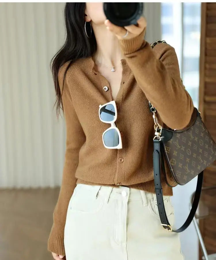 Autumn Women's Pure Cashmere Cardigan - European Style High-end Early Autumn Soft Knit Short Sweater Coat