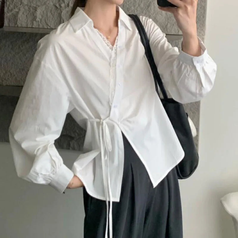 Women's Lace Trim Wrap Blouse with Waist Tie