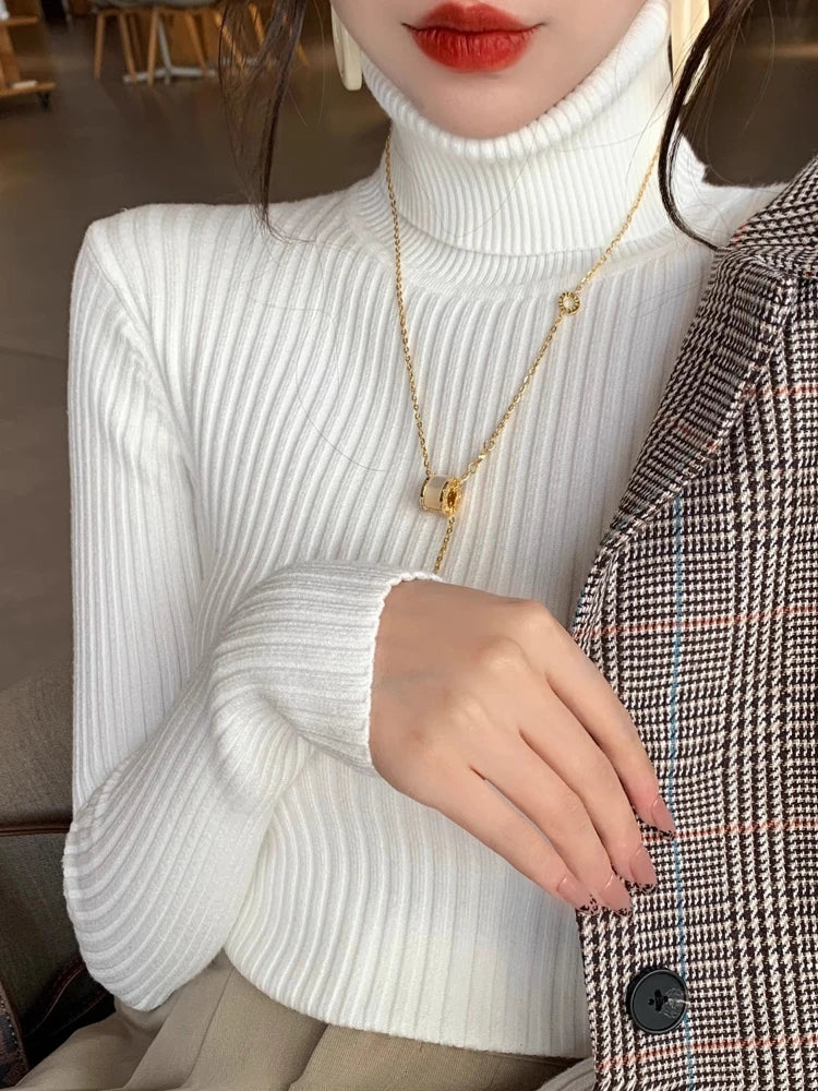 Women's Fitted Ribbed Roll Neck Sweater Casual Knit Layer