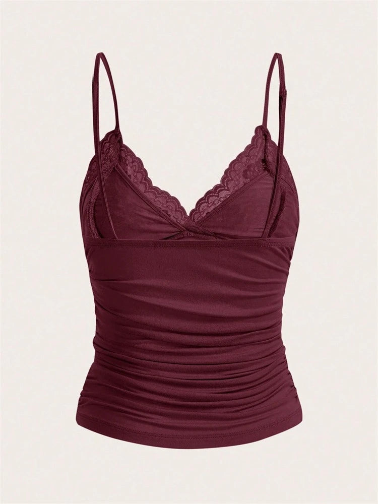 Women's Fitted Camisole with Contrasting Lace Trim and a Bow Detail