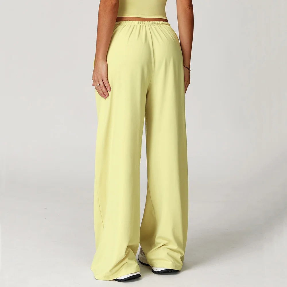 Women's Drawstring Waist Polyester Blend Wide Leg Pants with Side Pockets