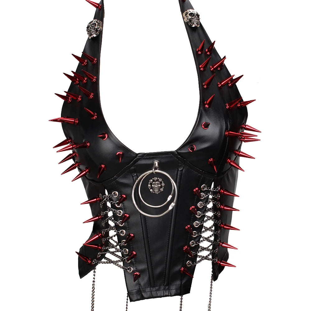 Women's Studded Crop Top with Decorative Spikes and Lace-Up Side Detailing