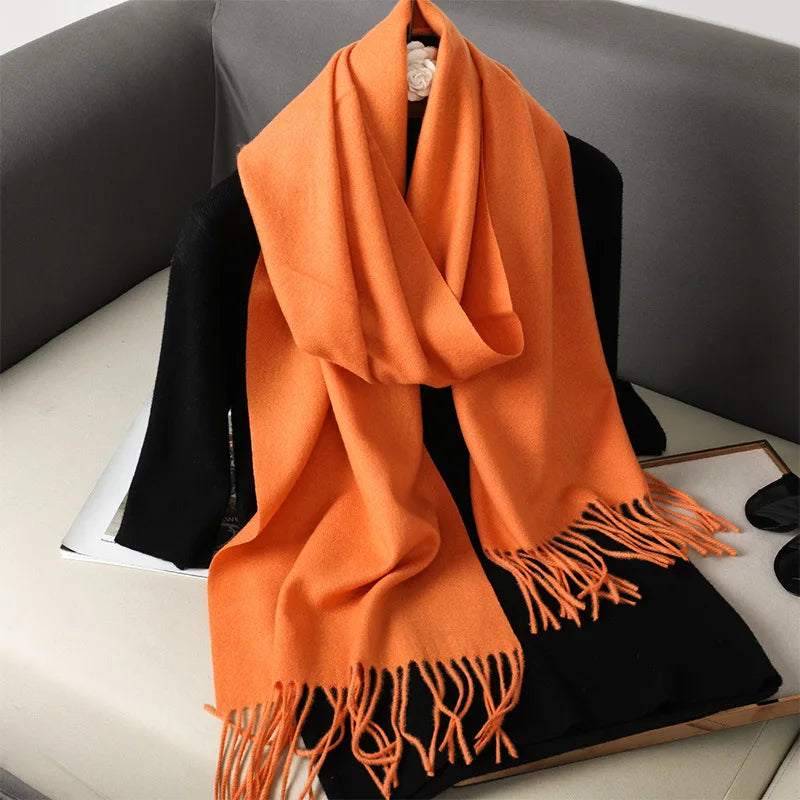Solid Long Rectangular Scarf with Decorative Fringe Trim