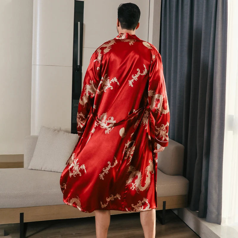 Men's Dragon Print Satin Long Sleeve Tie Waist Bathrobe