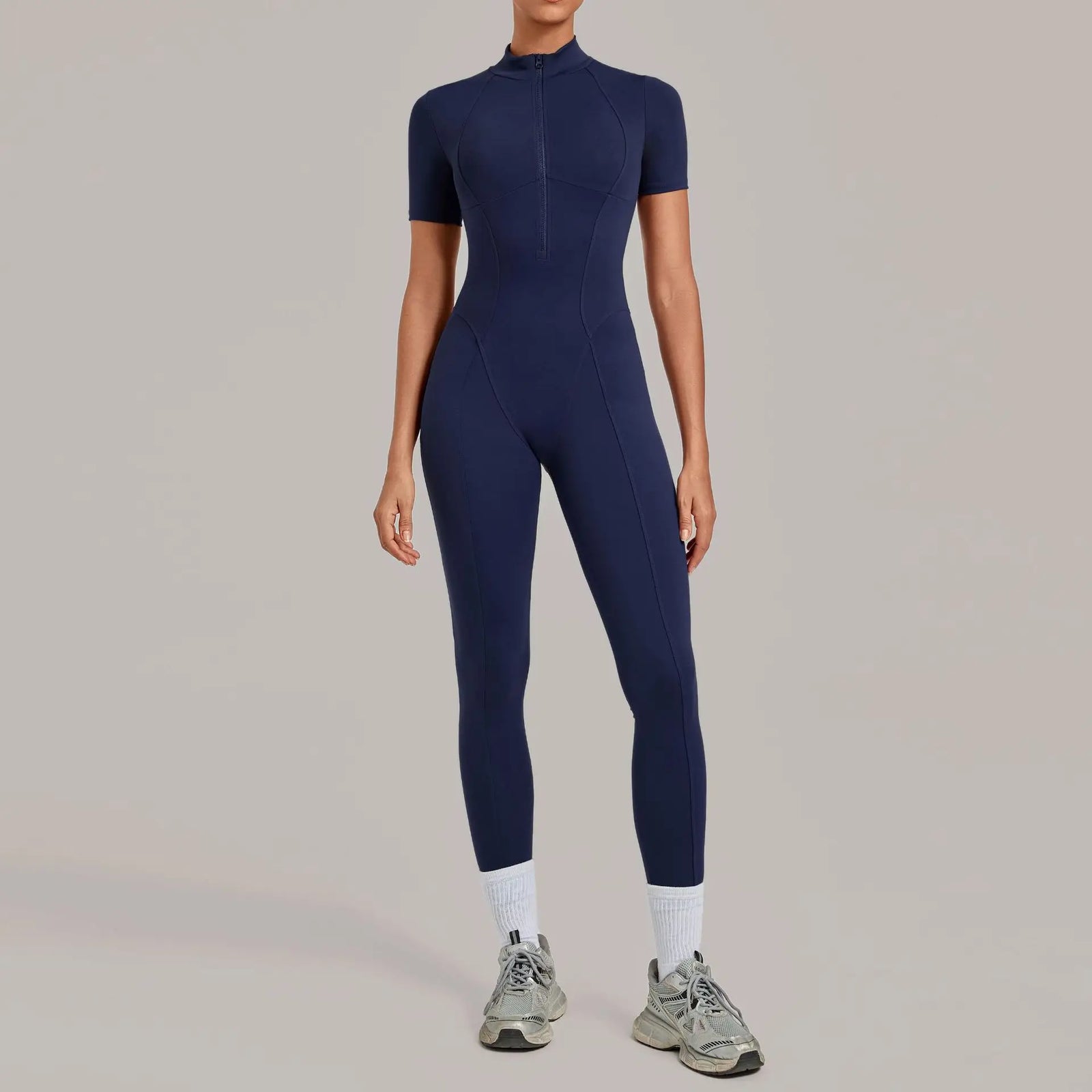 Women's Short Sleeve Nylon Blend Workout Jumpsuit with Stand Collar Zip