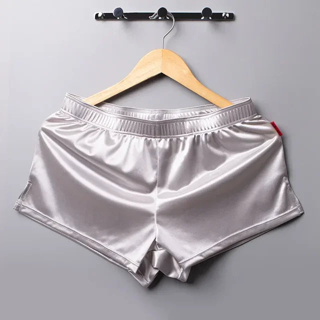 Men's Glossy Solid Split Hem Boxer Style Sleep Shorts